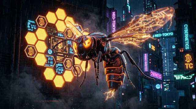 Neon Hive ? Electric wings and Bitcoin-orange circuitry. The project?s original visual identity.